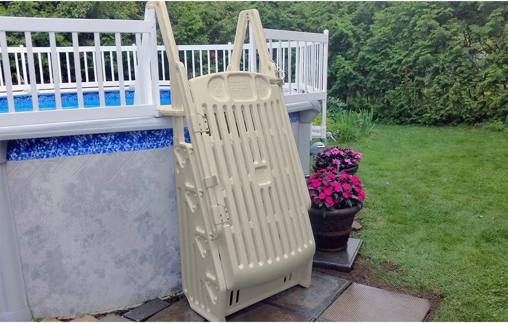 Vinyl Works GE Deluxe Adjustable A Frame Above Ground Pool Ladder w/Gate, Taupe