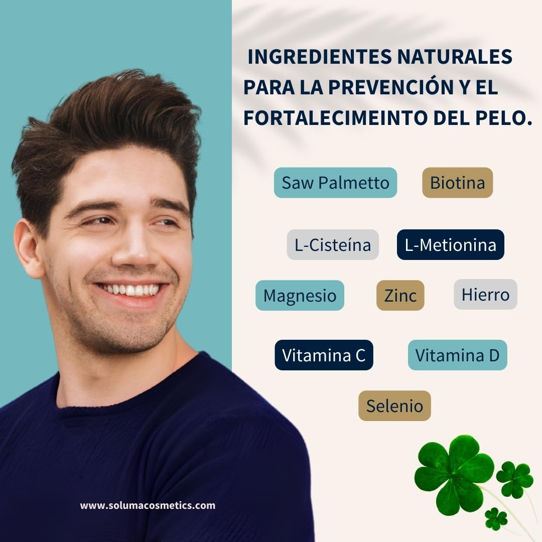 Vitaminas para el pelo - Crecimiento y Anticaida Cabello Hombre con Saw Palmetto, Biotina, Zinc, Selenio, L-Cisteina - Vitaminas capilares Hair Complex SOLUMA VITAHAIR