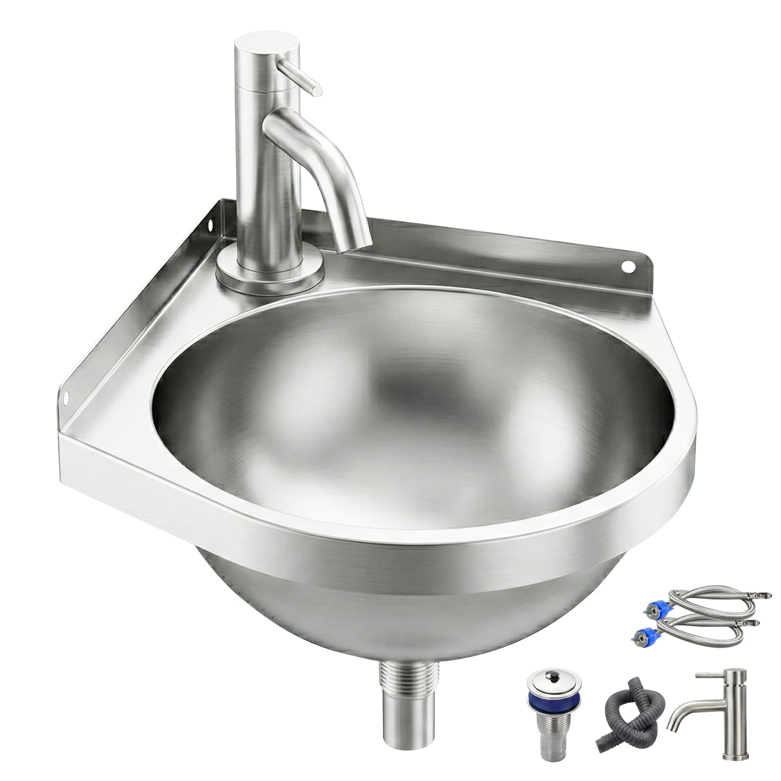 Lavabo angolare in acciaio inox con rubinetti per acqua calda e fredda, 21 x 21 x 15 cm, montaggio a parete, triangolare, salvaspazio, lavello singolo per cucina, camper, bagno, toilette