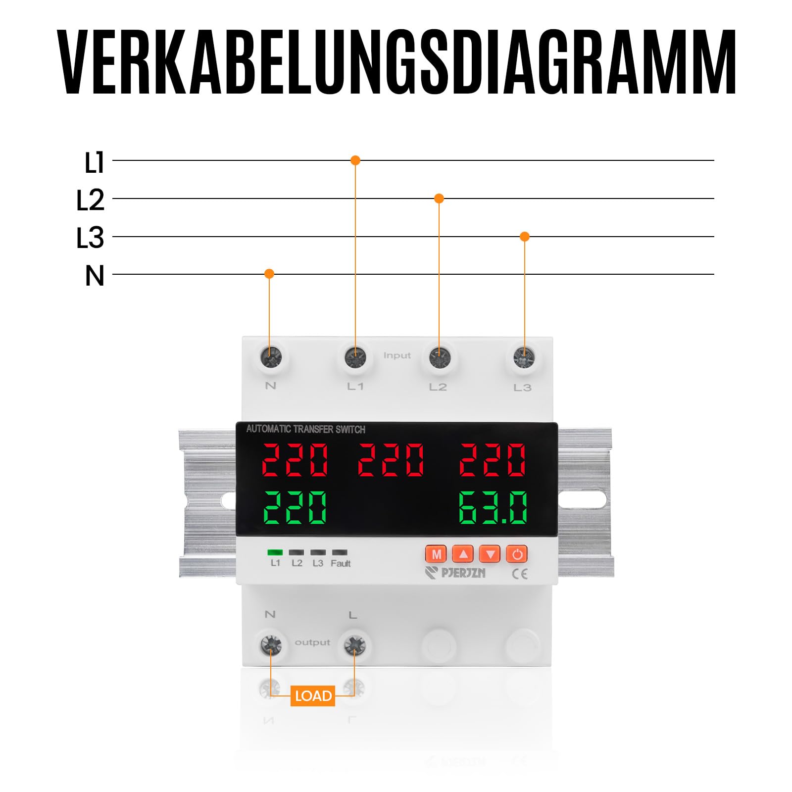 230V Doppelstrom-Automatikumschalter (ATS) - 5-Anzeigen 3-Wege-Stromumschaltung mit Über-/Unterspannungsschutz, Überstromschutz für Netz/Generator/Wechselrichter (63A/100A) (63A)