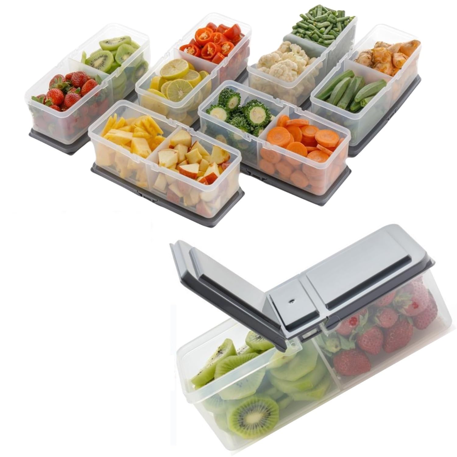 Stysol (8_PCS_ 2 PARTITION PLASTIC FRIDGE ORGANIZERS STORAGE BOX, CONTAINER KITCHEN, FREEZER FOOD BASKETS, VEGETABLES, FRUITS, FISH, MEAT,CHERRY, EGG, DRY FRUITS, AIRTIGHT LID Grey (B0CQRVRK7N) Amazon Price History, Amazon Price Tracker