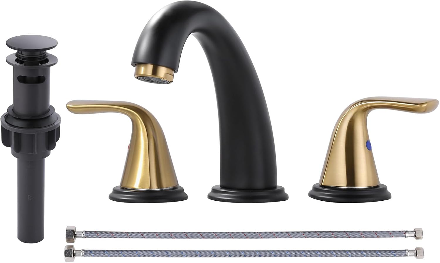 Aleasha Bathroom Sink Faucet 3 Holes Black & Gold + Matte Black Finished Shower Hose, 63 Inches SUS 304 Stainless Steel image 2