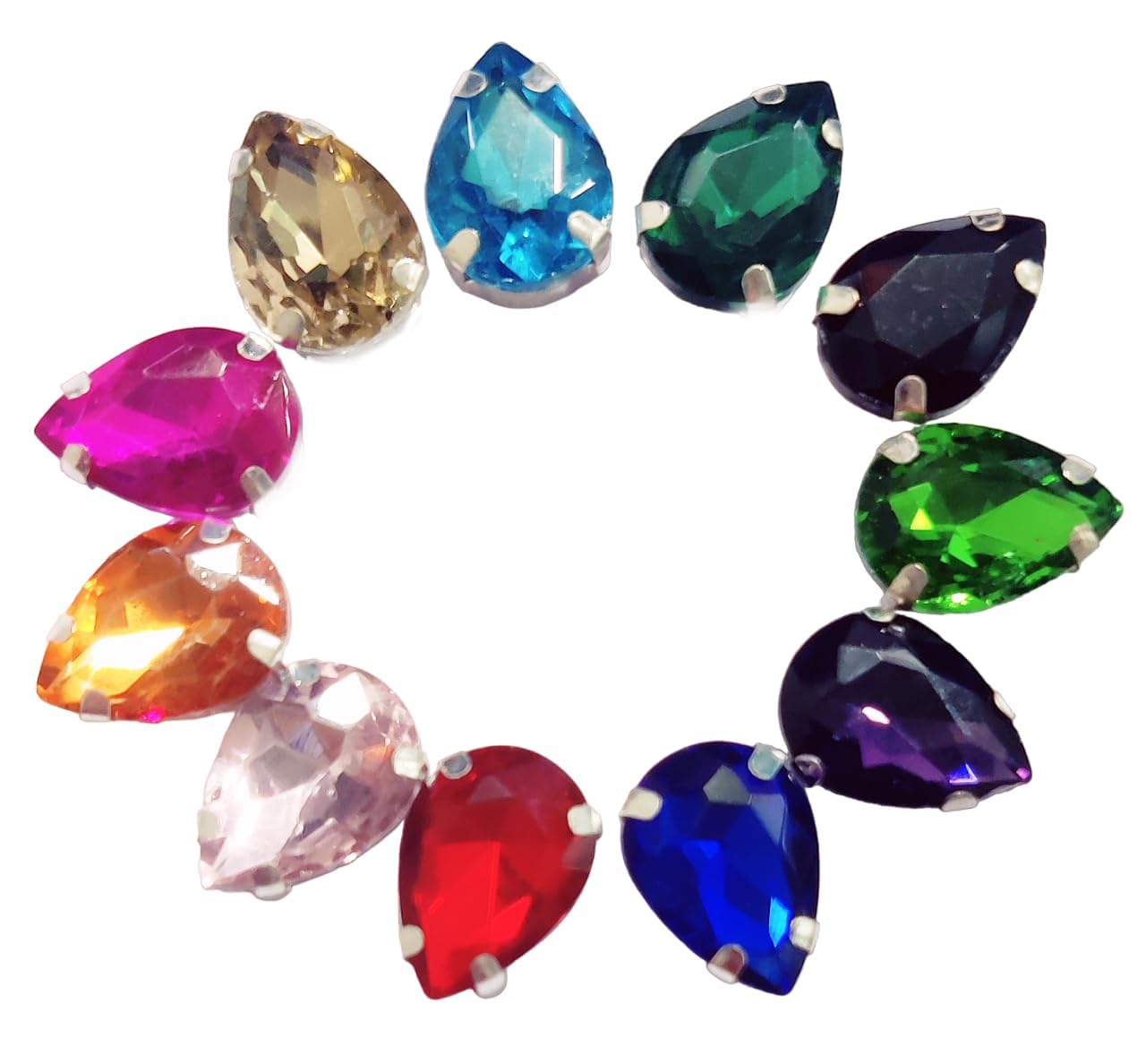 Beads & Crafts: Multicolor Drop Shape Glass Crystal Clip Stones Silver Base for Embroidery Work, Jewelry Making, Necklace, DIY Art & Craft (12, 20mm x 30mm)-image-30
