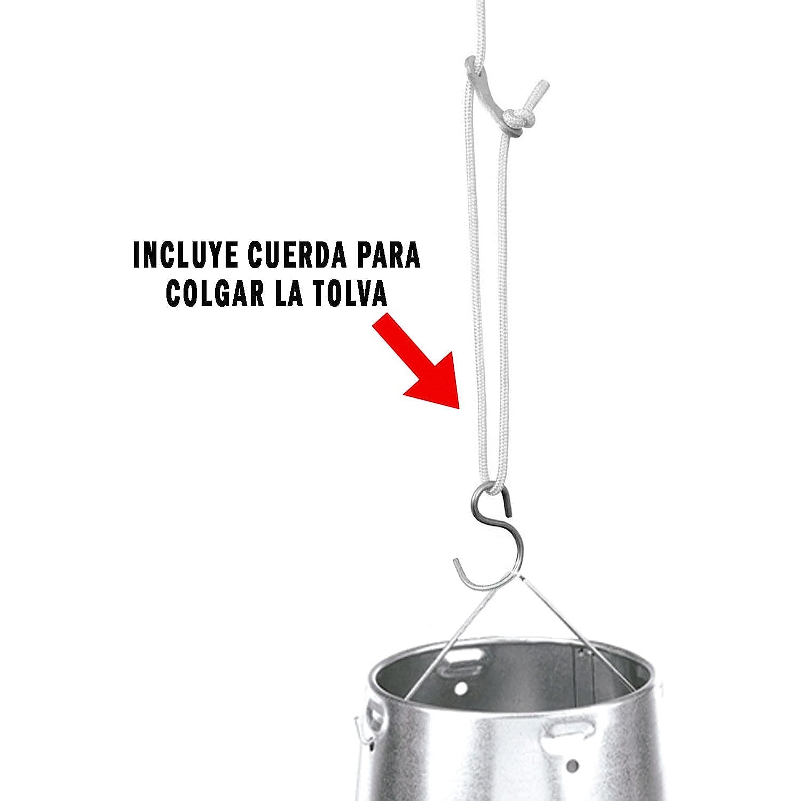 FINCA CASAREJO - Tolva Chapa galvanizada - Comedero Redondo 10 kg para Aves de Corral - con Cuerda para colgarlo - Incluye bolsita con 150 g de Conchilla Plus y Guía de Alimentación de Las Gallinas