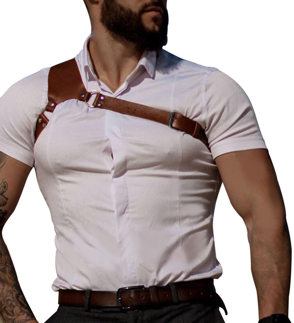 Pinwe Men's Brown Leather Chest Harness Belt Punk Suspenders Body Chain Shoulder Strap Adjustable Rave Costume