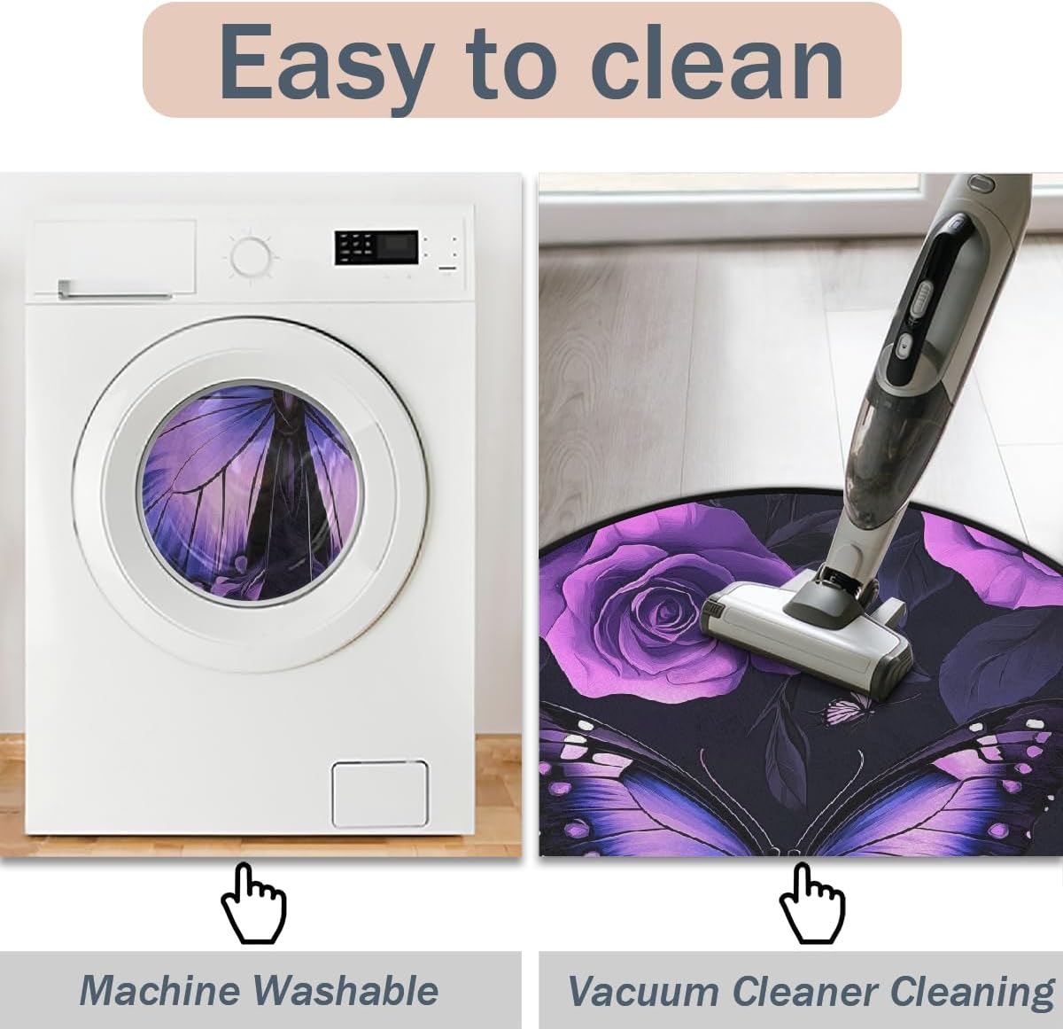 Round Area Rug 3Ft Washable Rug Purple Rose Butterfly Floor Mats Non-Slip Chair Mat Ultra-Thin Carpet for Bedroom Living Room, Home Decor