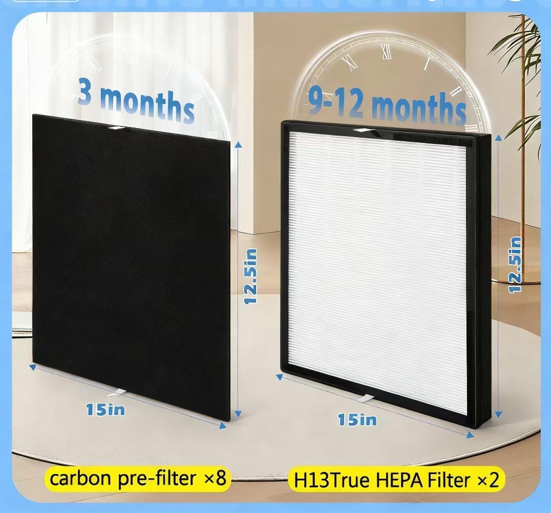 Busy Bee Replacement Filter Compatible with A-Len A350 Air Purifier, consisting of 2 Genuine HEPA Filters + 8 Carbon Fiber pre-Filters. Replacement Part Number: BF15A