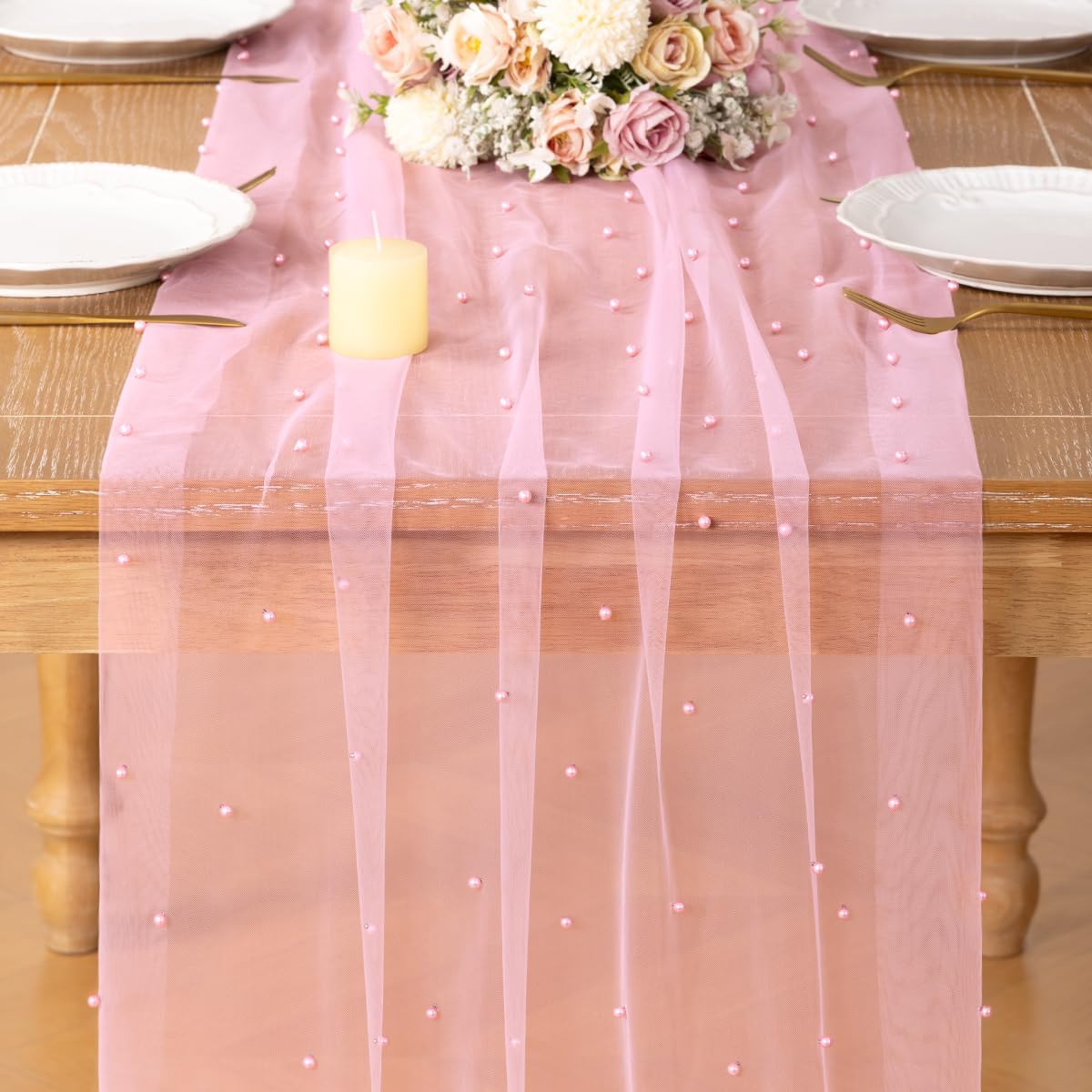 DeZerlor Pearl Pink Gauze Table Runner 120 Inch 10FT, 4 Pack Seasonal Sheer Dining Holiday Wedding Birthday Baby Shower Table Decor for Home Party