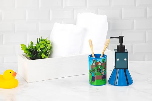 Miniatura 2 de Minecraft - Juego de baño de 2 piezas, dispensador de jabón azul y vaso, accesorios de baño de resina para niños, incluye enredadera