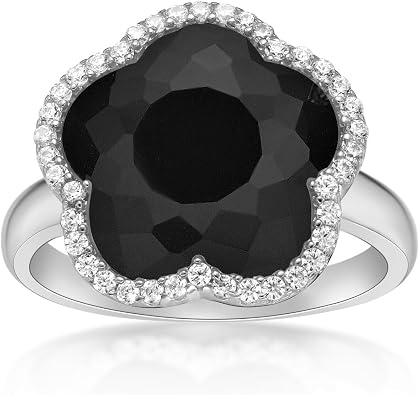 Lavari Jewelers Five Petal Flower Ring for Women - Black Onyx Green Malachite Mother of Pearl or Pink Quartz & Cubic Zirconia in 925 Sterling Silver - Hypoallergenic Gold Plated - Ring Size 6 to 8