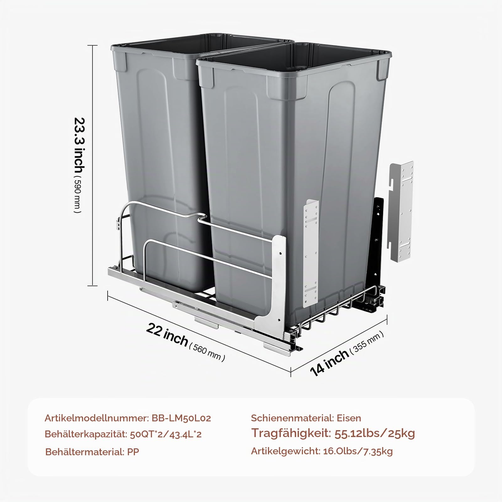 VEVOR ausziehbarer Abfallbehälter (50 Qt x2), doppelter Unterbau-Küchenabfallbehälter, Mülleimer mit Türsatz & Soft-Close-Schieberegler, für Küchenschrank Spüle unter der Theke (grau)