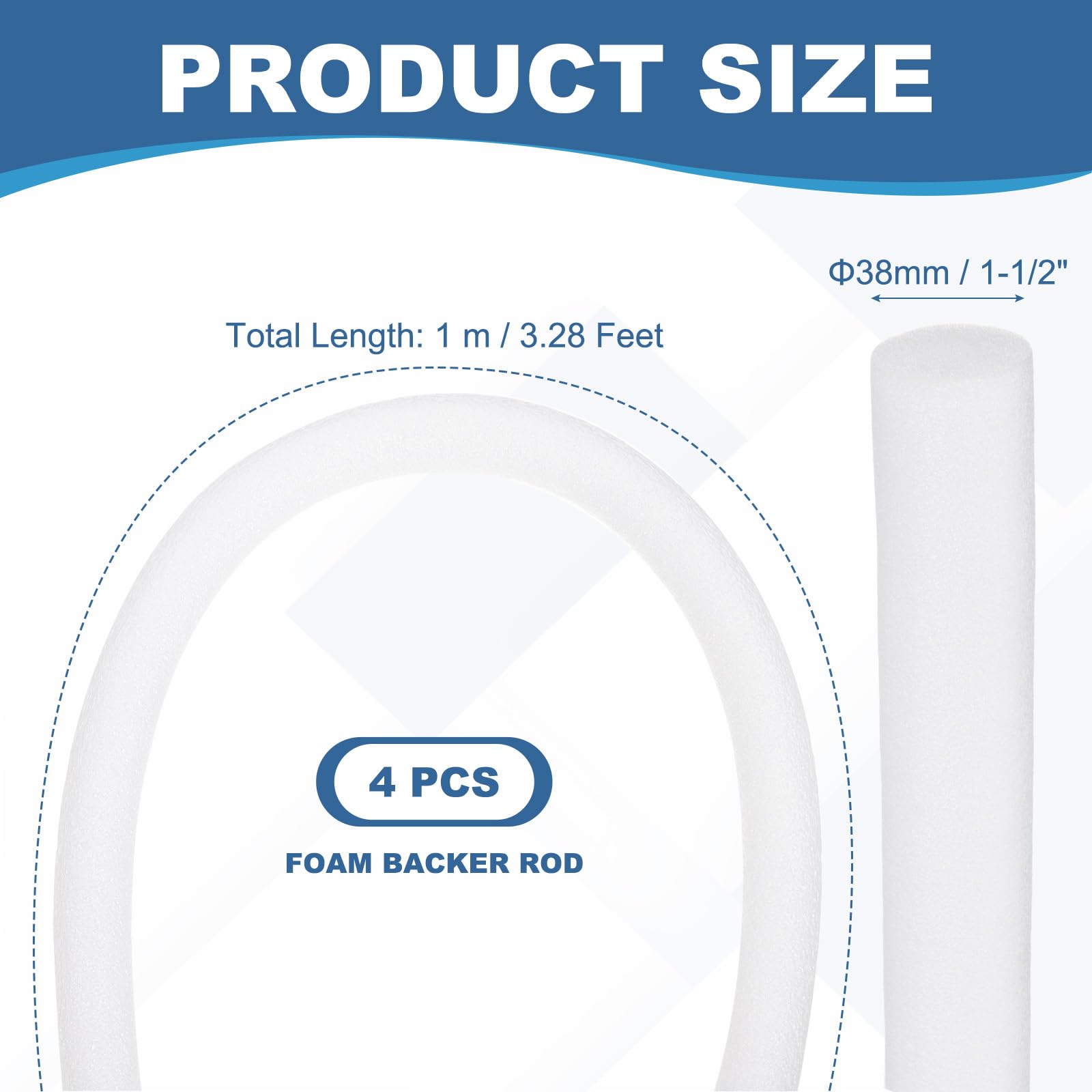 PATIKIL Backer Rod 1-1/2 in x 3.3 Ft, 4 Pcs Foam Rod Caulk Saver Expansion Joint Filler Rope Weather Strip Foam Noodle for Gaps Concrete Crack Filling DIY Craft (38mm Dia), White