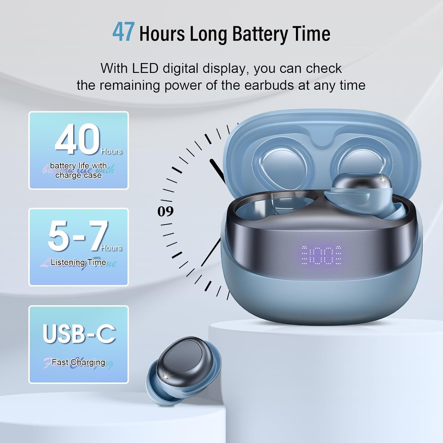 Bluetooth Kopfhörer, Mini In Ear Kopfhörer Kabellos Bluetooth 5.4 HiFi Immersiv Sound, 47Std Spielzeit Schlafkopfhörer mit Passiver Geräuschmaskierung, LED-Anzeige Earbuds für Schlaf Blau
