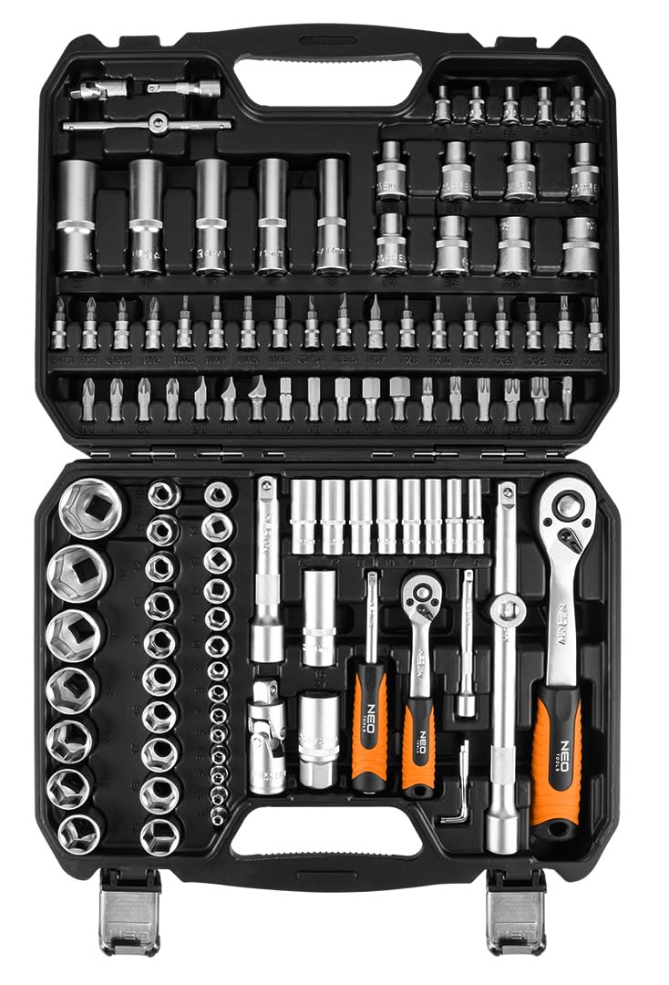 NEO TOOLS Juego de 110 llaves de vaso universales de 1/2" y 1/4" de acero al cromo vanadio con 72 dientes finos, incluye insertos Torx, tuercas hexagonales