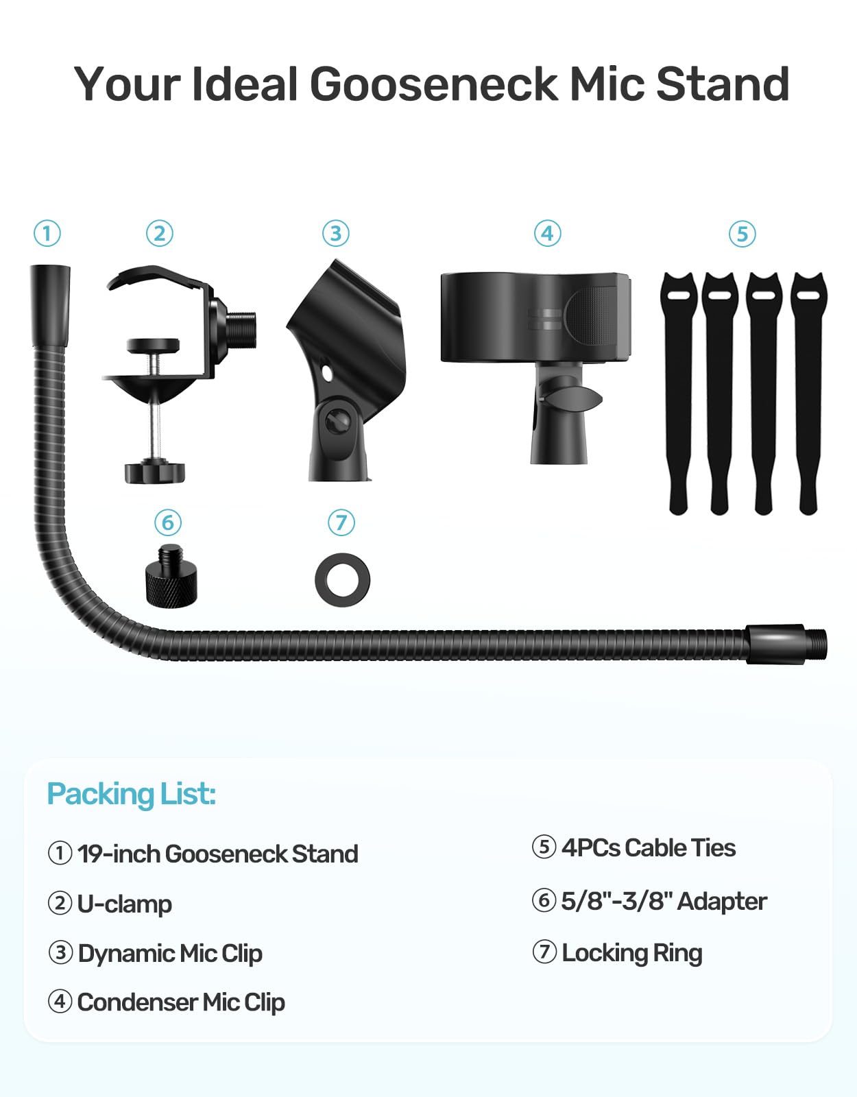 Support de microphone col de cygne de 48,3 cm, bras réglable à 360° avec 2 supports de micro, pince de serrage robuste et adaptateurs à vis de 5/8"-3/8" et 5/8"-1/4", idéal pour podcasting