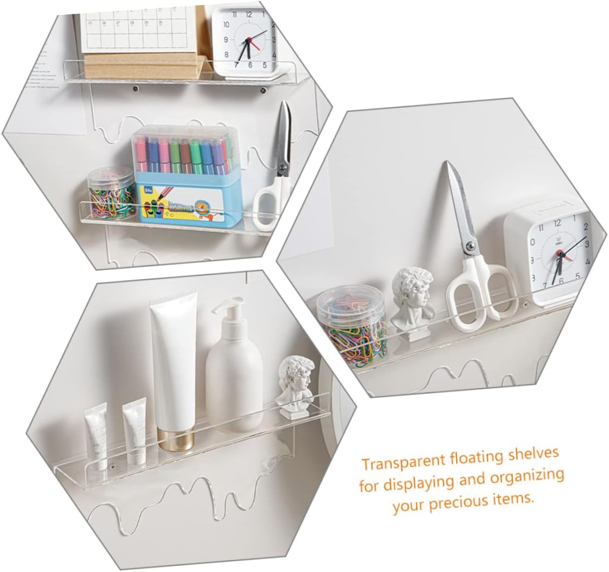 DOITOOL Wall Floating Shelf 2-Pack Clear Acrylic Wall-Mounted Storage Rack for Cosmetics Makeup Brush Organizer Bathroom Kitchen Living Room 11.81X5.90X2.55 Inches