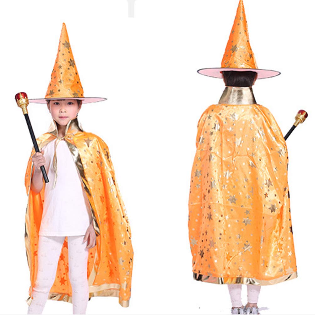 Kids Wizard Cape with Hat Stand Collar Witch Cloak Shing Star Witch Wizard Cloak with Hat Halloween Costumes for Halloween Carnivals Masquerade Party Supplies