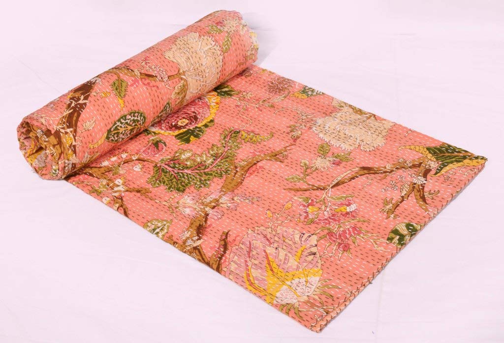 YUVANCRAFTS Indian Handmade Floral Print Kantha Quilt Queen Size Pure Cotton Kantha Throw Vintage Kantha Bedspread Blanket (Orange)