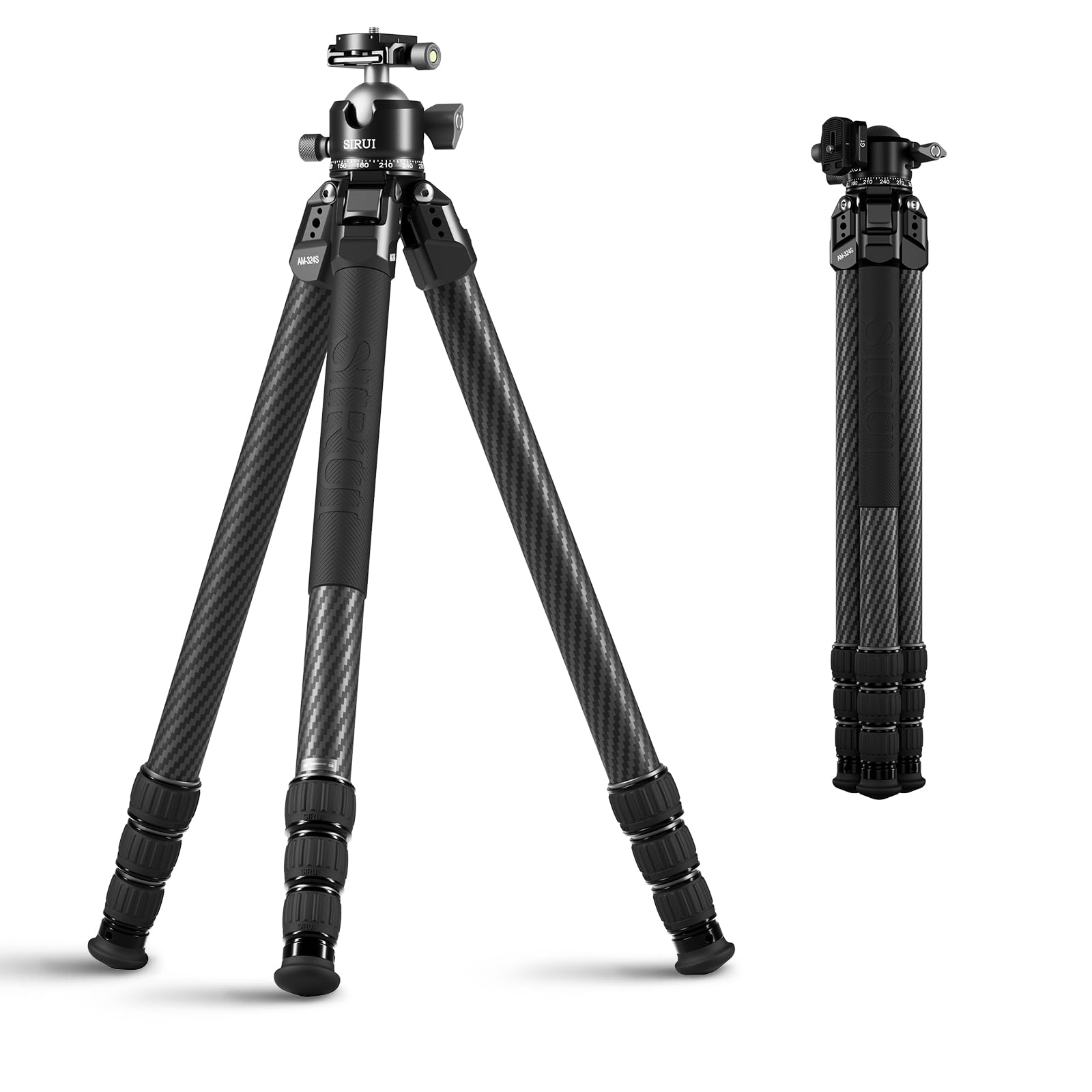 SIRUI Heavy-Duty Carbon Fiber Tripod, 59.8” Pro Tripod with Low Center of Gravity Ball Head, 44lbs Load, 6 Mounting Ports, Corrosion Resistance–for DSLR, Mirrorless, Telephoto, Wildlife（AM-324S+G1）