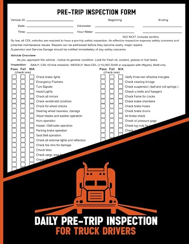 Daily Pre-Trip inspection For Truck Drivers: This Log is used for conducting Pre-trip vehicle inspections. It ensures that a vehicle is safe and in proper working condition before embarking on a trip.