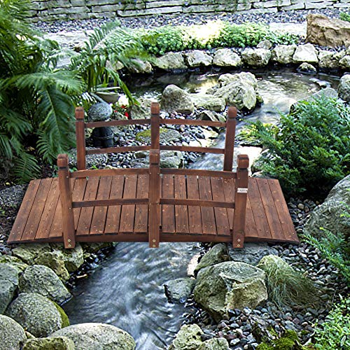 image for VINGLI 5 ft Garden Bridge, Classic Wooden Arch with Safety Rails Stain
