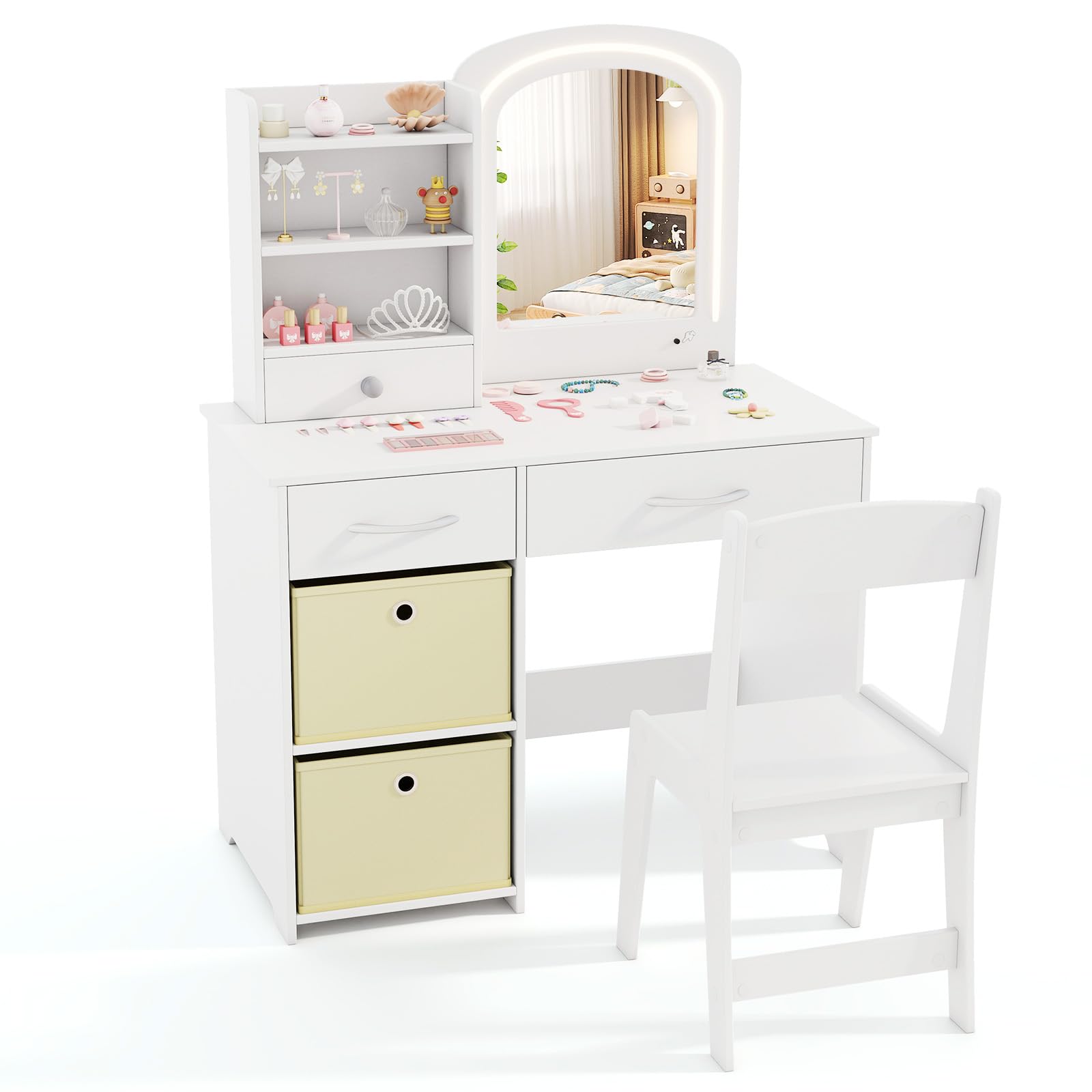 COSTWAY Tocador Infantil con Espejo Iluminado, Tocador de Maquillaje Niña con Espejo y Luces, Estantes Abiertos y 5 Cajones de Almacenaje, Juego de Mesa y Silla de Princesa para Niñas de 3+ Años