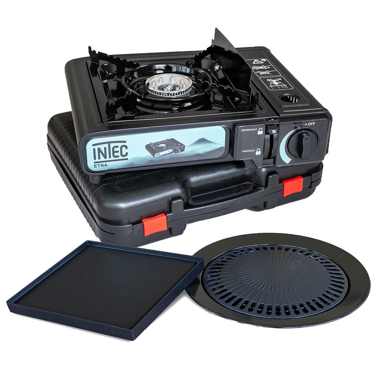 INTEC - Réchaud à gaz Portable 2200W ETNA + Plaque plancha + Grill Cartouche gaz Camping Allumage Piezo Mallette