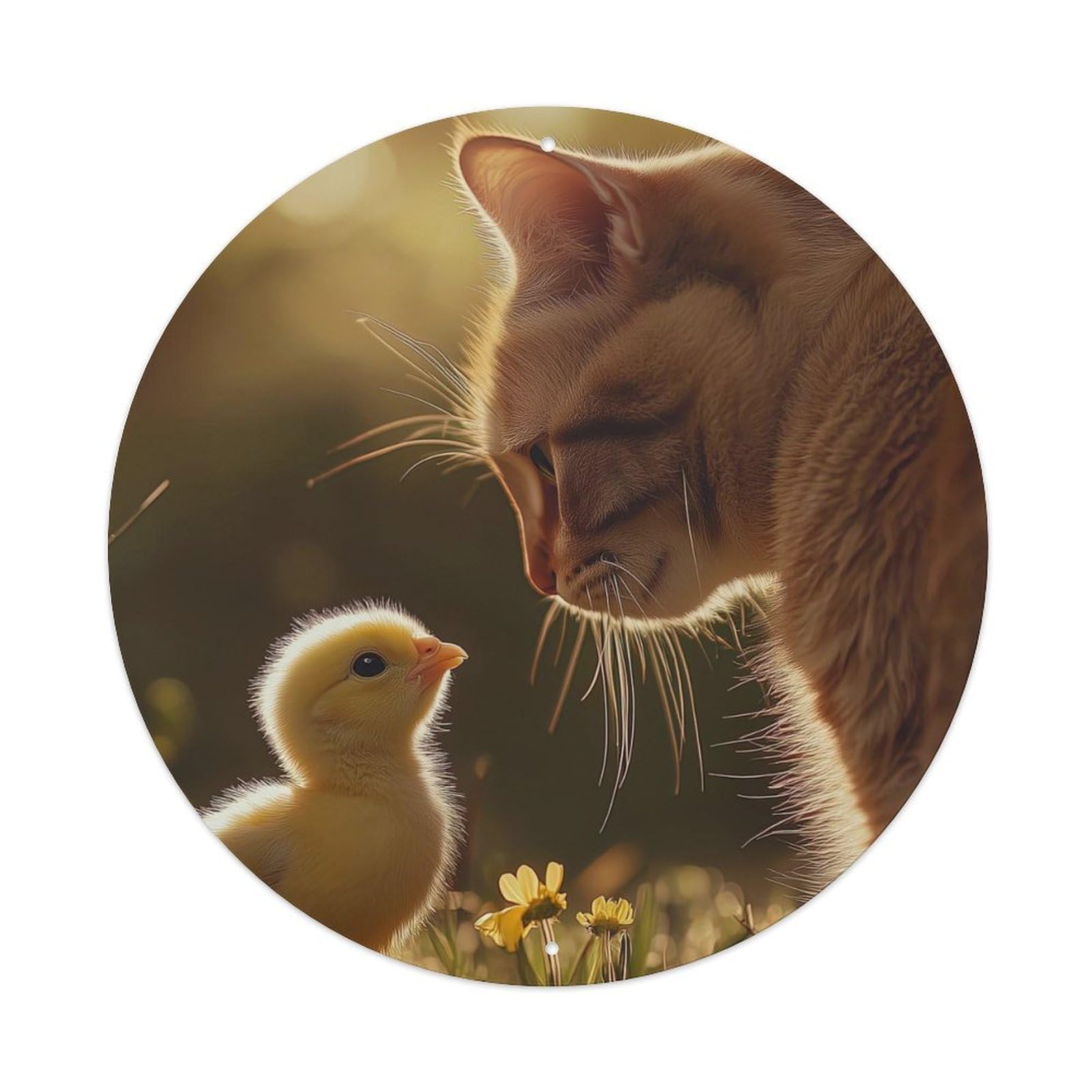 Cwbufd Vintage Style Animal Orange Tabby Cat And Yellow Chick In Warm Sunlight Vintage Metal Tin Sign Plaque Wall Decor For Cafe, Club Bar, Office, Garden Metal Poster 8X8inch