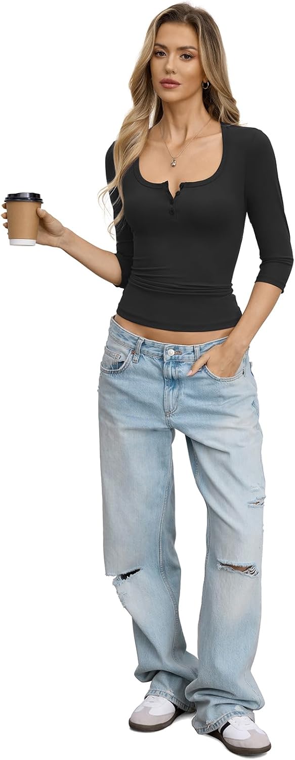 Womens 3/4 Length Sleeve Tops Scoop Neck Henley Shirts Slim Fit Basic Tees Spring Outfits Clothes 2026 - Image 6