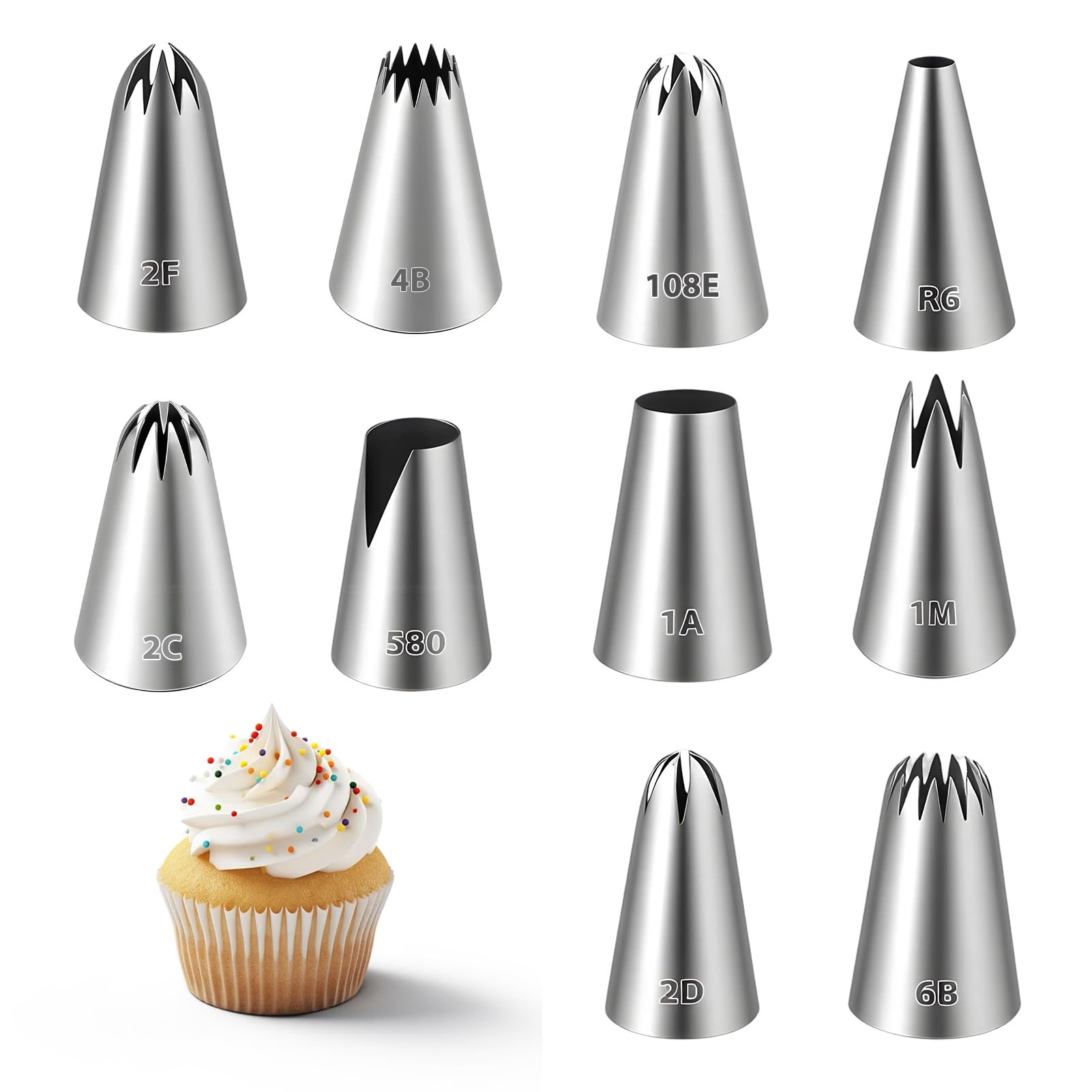 Dargkwn Boquillas Manga Pastelera Profesionales, 10 Piezas Boquillas Pasteleras Grandes de Acero Inoxidable para Decoración de Pasteles, Cupcakes y Galletas, Puntas de Glaseado sin Costuras