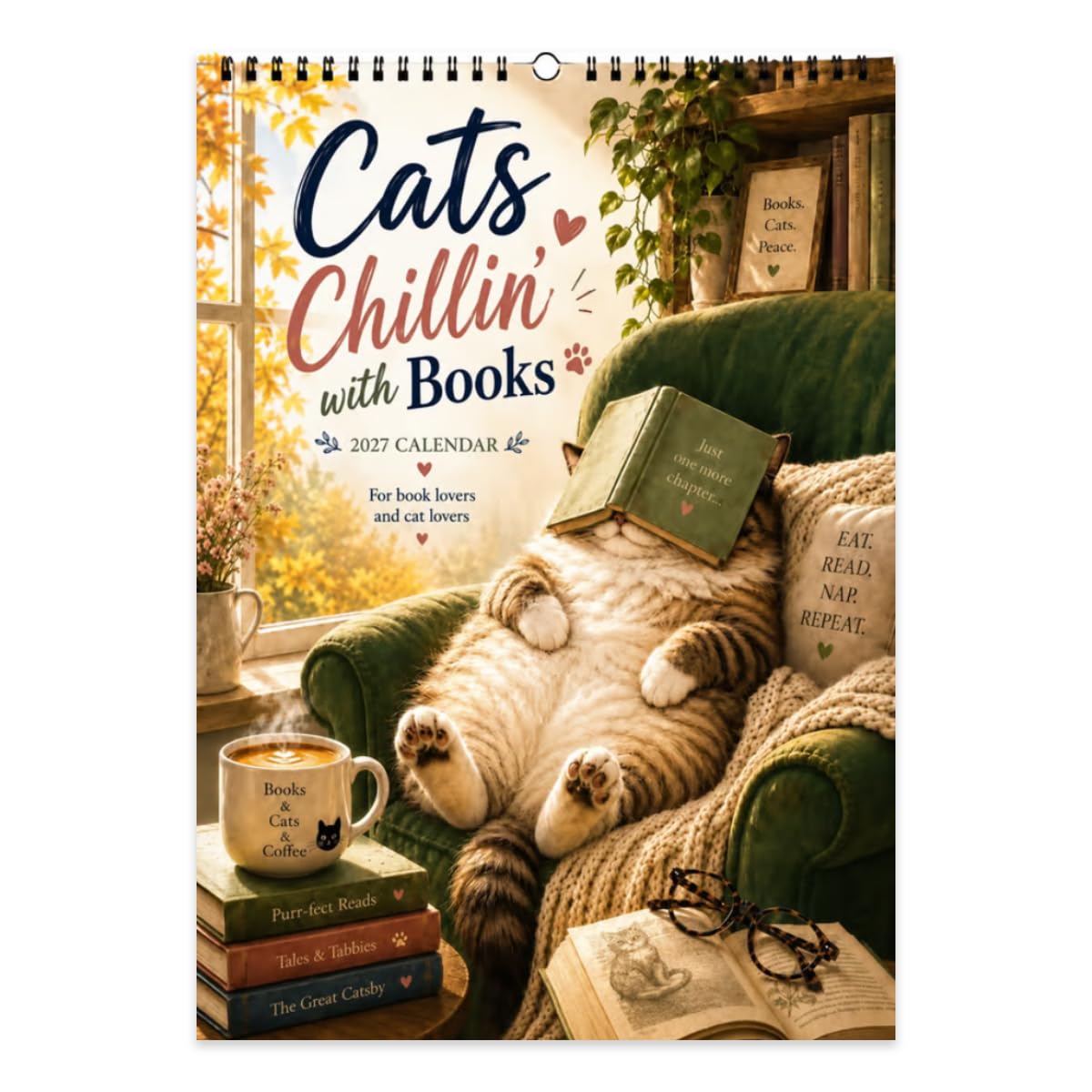Cats Chillin' with Books 2027 Wall Calendar, A4 Cozy Cat Calendar Decor (1pc)
