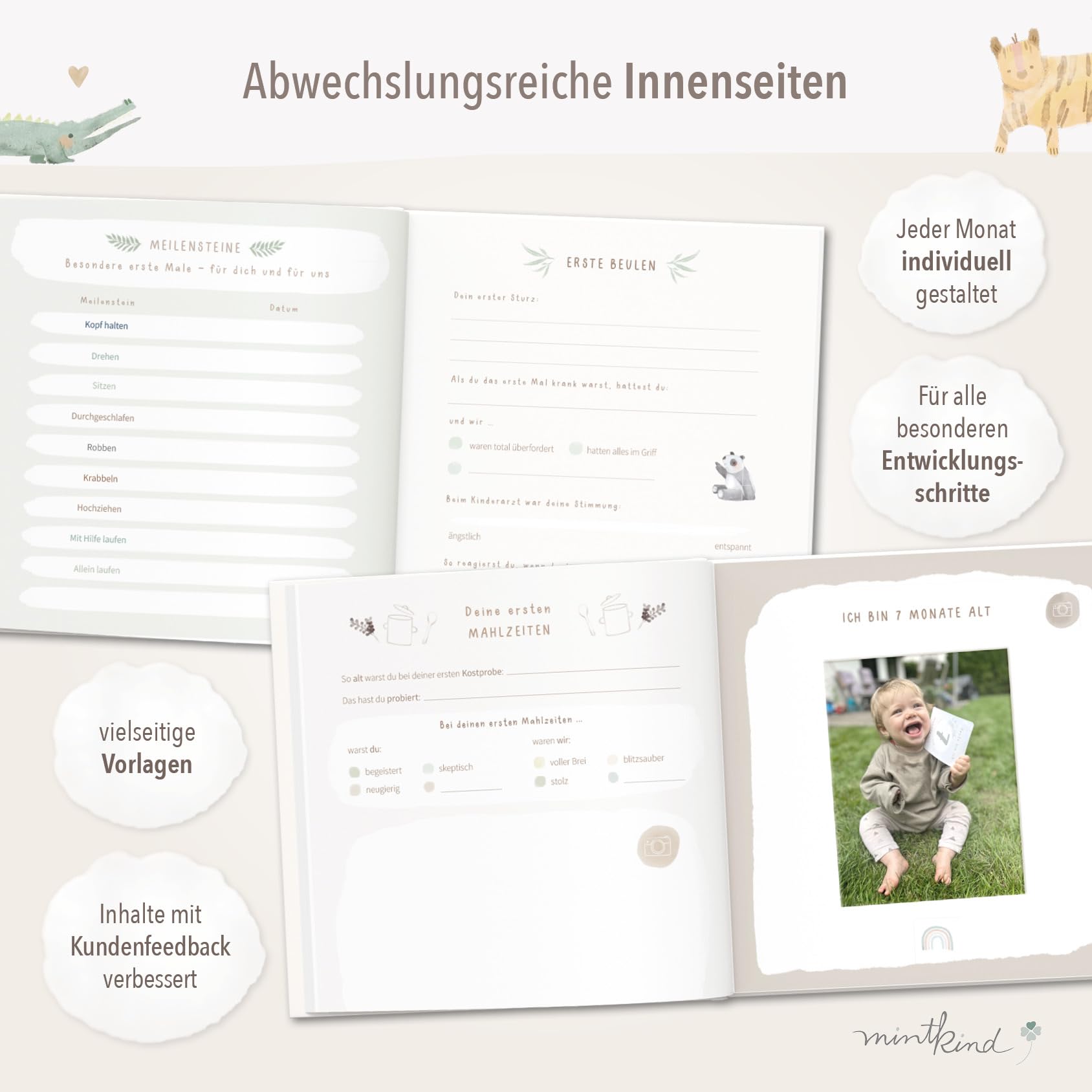mintkind® Mein erstes Jahr Babyalbum Salbei – sanftes Babytagebuch mit 176 Seiten und Sticker-Set für ruhige Erinnerungen im ersten Lebensjahr, hochwertiges Hardcover 21 x 21 cm