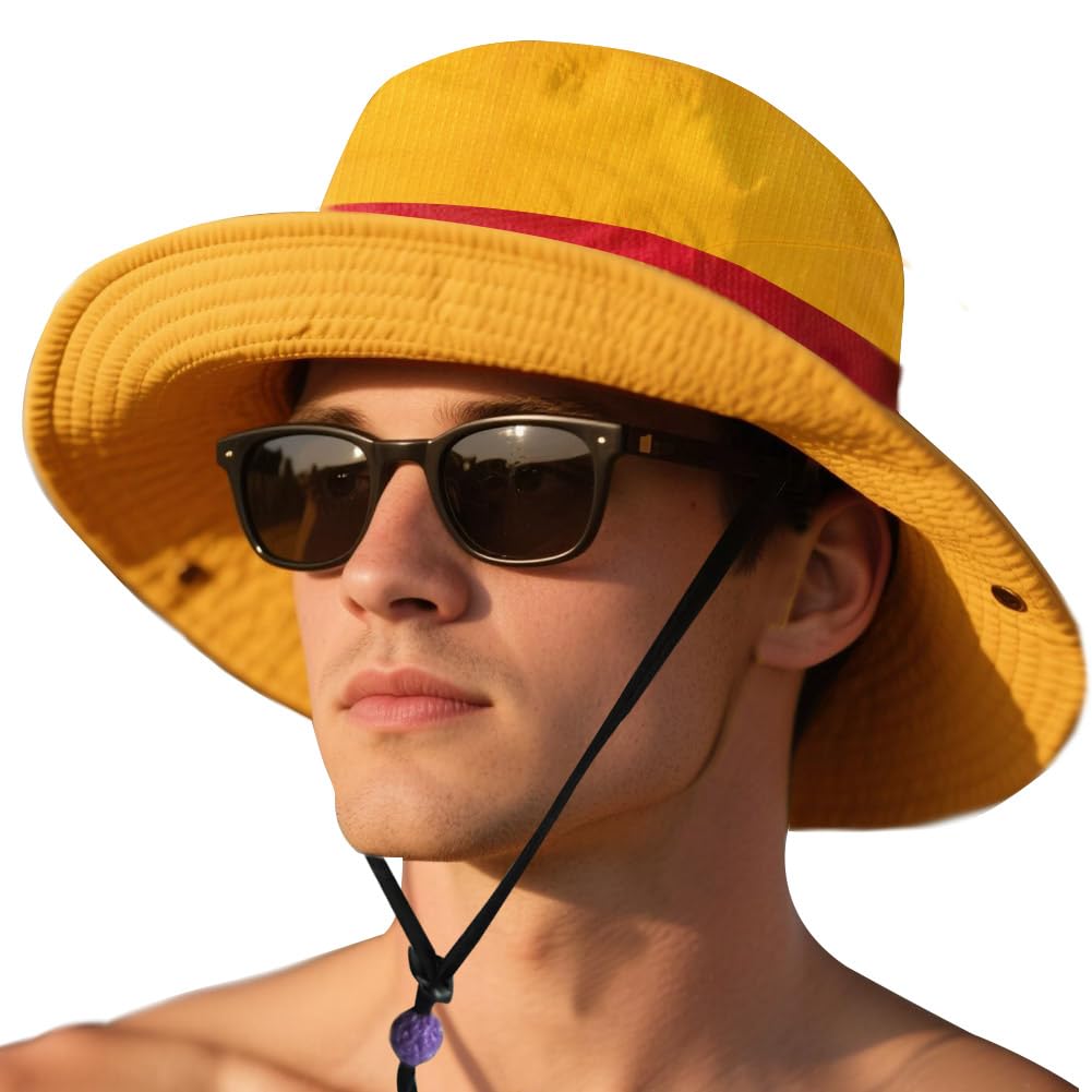 3-in-1 Captain Inspired Sun Hat Set - UPF 50+ Foldable Wide Brim Bucket Hat with Adjustable Back Vent + Strawhat Key Case & Enamel Pin, Unisex