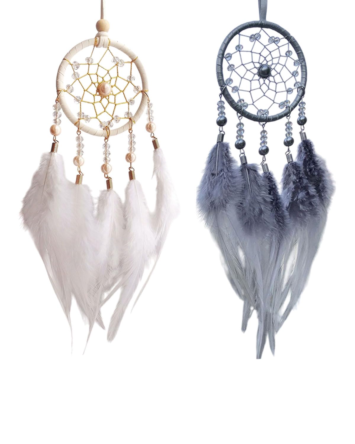 2 Piezas De Atrapasueños, Atrapasueños De Plumas Hechos A Mano,para Niñas Y Niños como Regalos, Decoraciones para El Coche del Dormitorio De La Habitación De Los Niños (Blanco + Gris)
