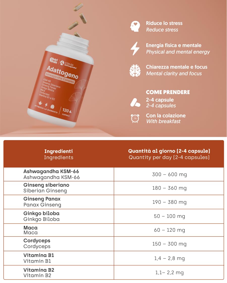 Complesso Ashwagandha KSM-66, Ginseng, Ginkgo Biloba, Maca, Cordyceps & Vitamine B1-B2 | Adattogeno, Anti-Stress, Equilibrio, Energia, Prestazioni | 120 Capsule | Vegano, Senza OGM, Senza Glutine