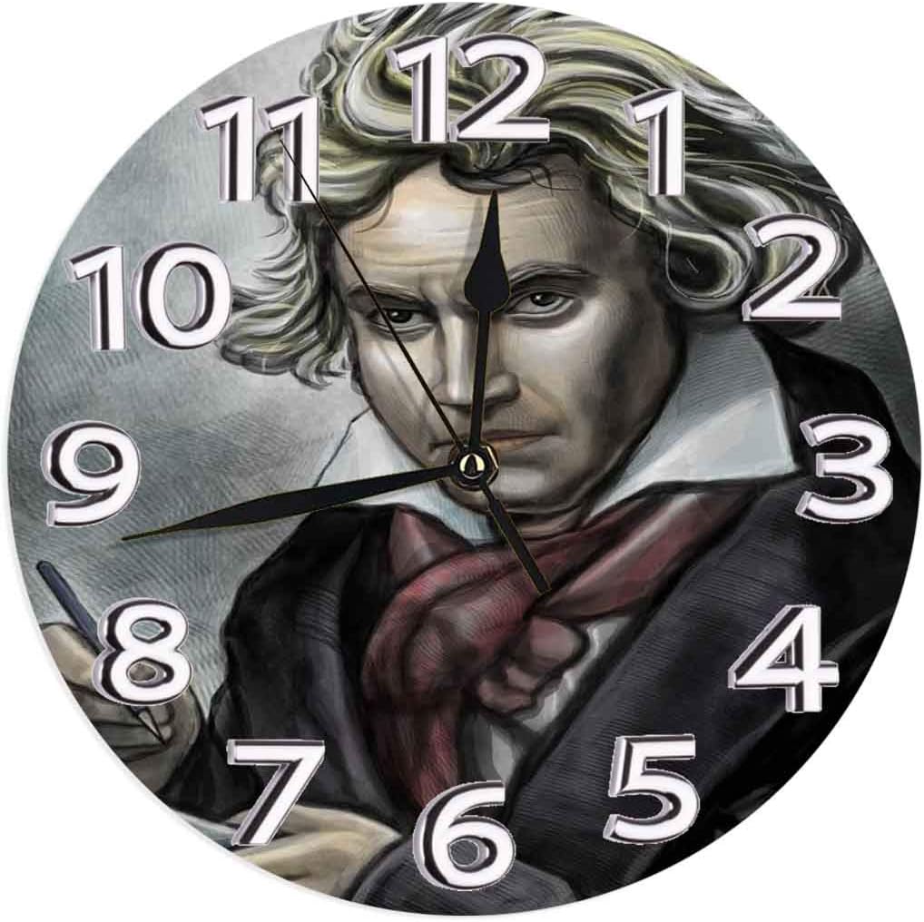 時計 壁掛け時計アナログクロックインテリア円形 静音 ルートヴィヒ ヴァン ベートーヴェンドイツの作曲家およびピアニストの肖像画イラスト美術印刷 掛置兼用フラットフェイス 家寝室居間 直径25cm 部屋装飾