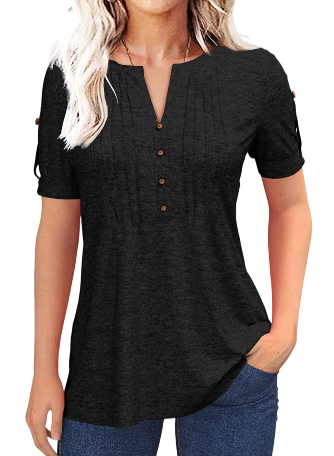 Women's fashion summer pleated button short sleeve T-shirt summer V-neck solid color casual Tunic top Black med