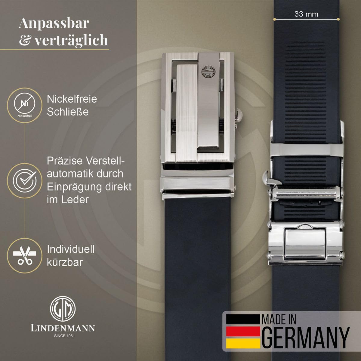 LINDENMANN Gürtel Herren – Schwarzes Rindsleder Automatikschließe