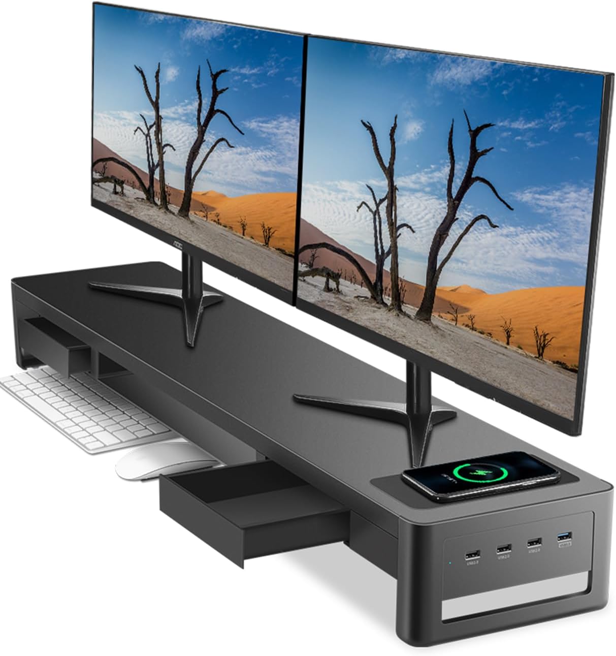Dual Monitor Stand Riser with 2 Drawers,4 USB Ports and Charging Pad,Metal Monitor Stand for 2 Monitors Supports Transfer Data and Charging,Desk Organizer for PC,iMac(38.7 inches)