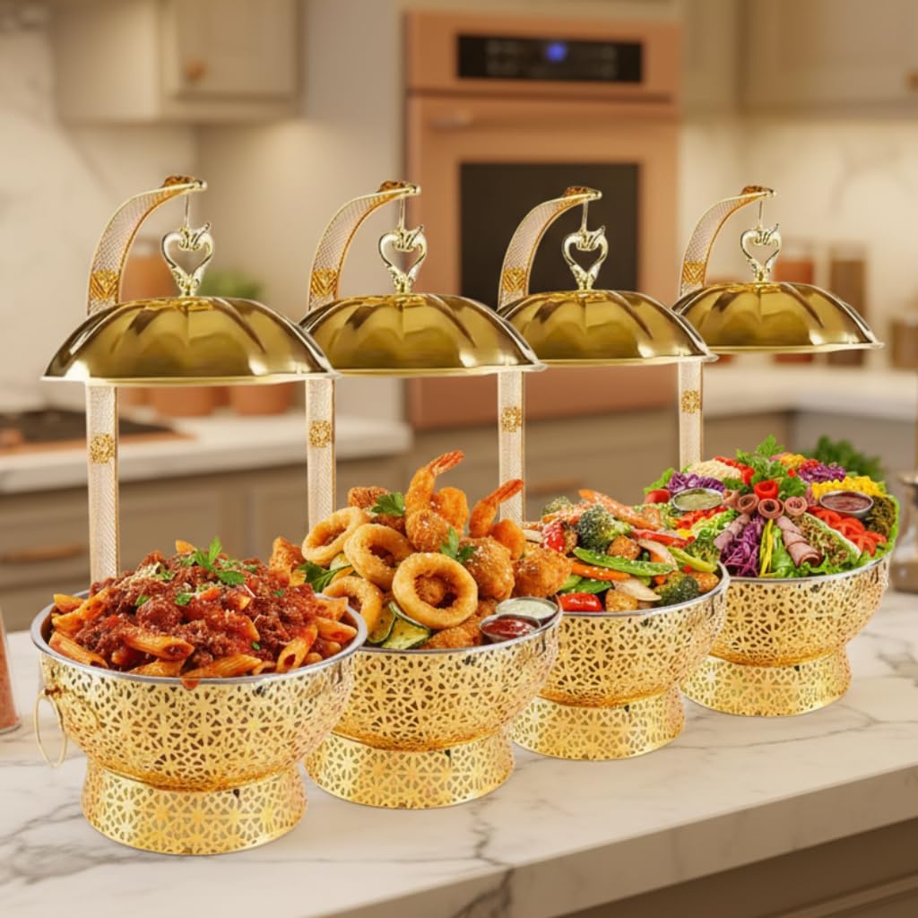 Gold Chafing Dishes for Buffet,8Qt Luxury Chafing Dish with Hanging lid,Elegant Hollow-Out,Food Warmers for Parties Buffet for Catering & Events,4 Packs