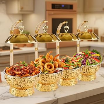 Gold Chafing Dishes for Buffet,8Qt Luxury Chafing Dish with Hanging lid,Elegant Hollow-Out,Food Warmers for Parties Buffet for Catering & Events,4 Packs