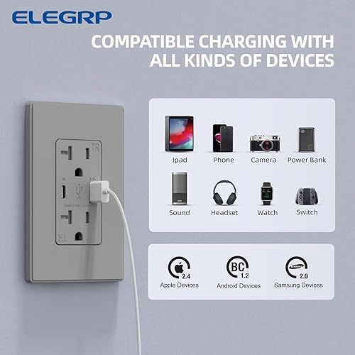 Miniatura 92 de ELEGRP Cargador USB de pared, receptáculo USB con puertos USB tipo A y tipo C, enchufe dúplex de 15 amperios resistente a manipulaciones NEMA 5-15R