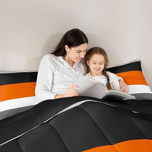 Miniatura 4 de Erosebridal - Juego de ropa de cama tamaño Queen con diseño de retazos geométrico en naranja, gris y negro, juego de edredón a rayas en gris claro y