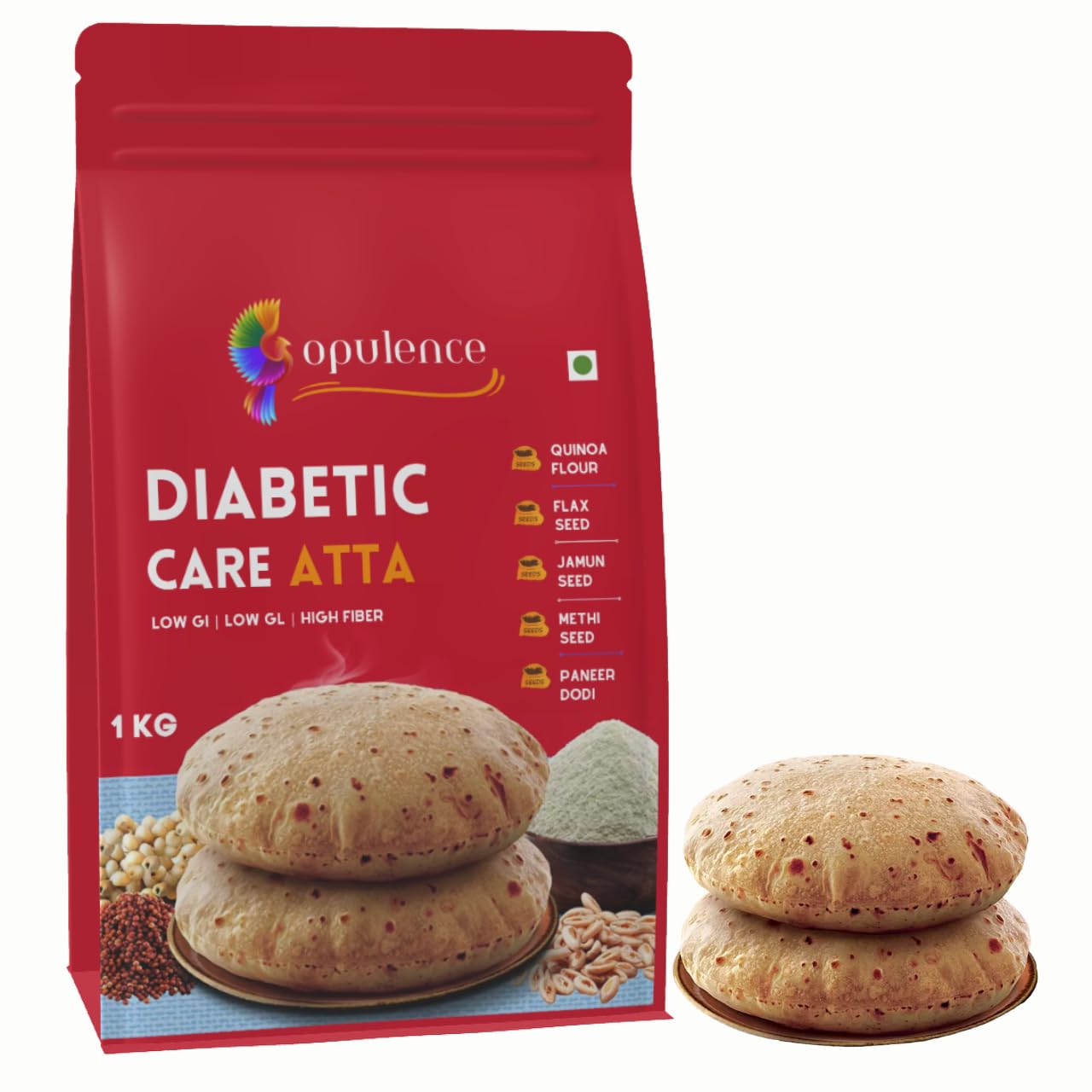 Opulence Diabetic Care Atta | LAB TESTED | Low GI & High Fiber Flour | Sugar Control Atta for Diabetes | Ideal for Roti, Paratha and Chilla| Healthy Low Carb Flour | 1kg