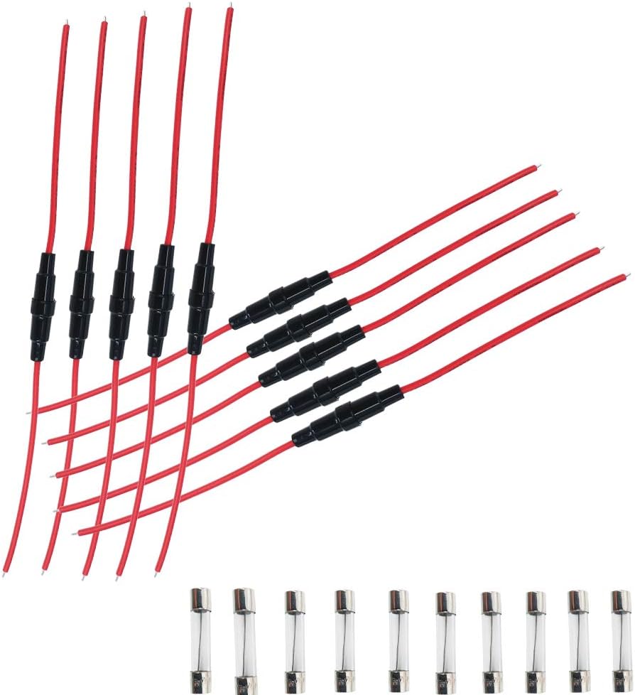 10 Pack 5x20mm Inline Glass Fuse Holder Marine Class, Inline Fuse 18AWG Copper Wire + Fast Blowing Glass Fuse (6 amps)