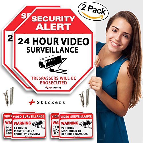 Security Video Surveillance Sign for the Safety and Security of your Family (pack of 2 sign) with Warning Stickers and Installation Hardware by GlobeSecurity
