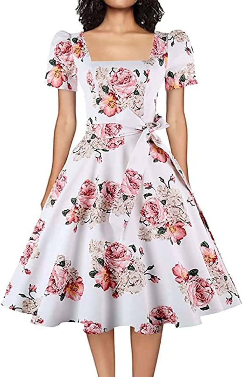 OBBUE Women's Square Neck Dress Vintage 1950s Cocktail Party Dress with Puff Sleeves