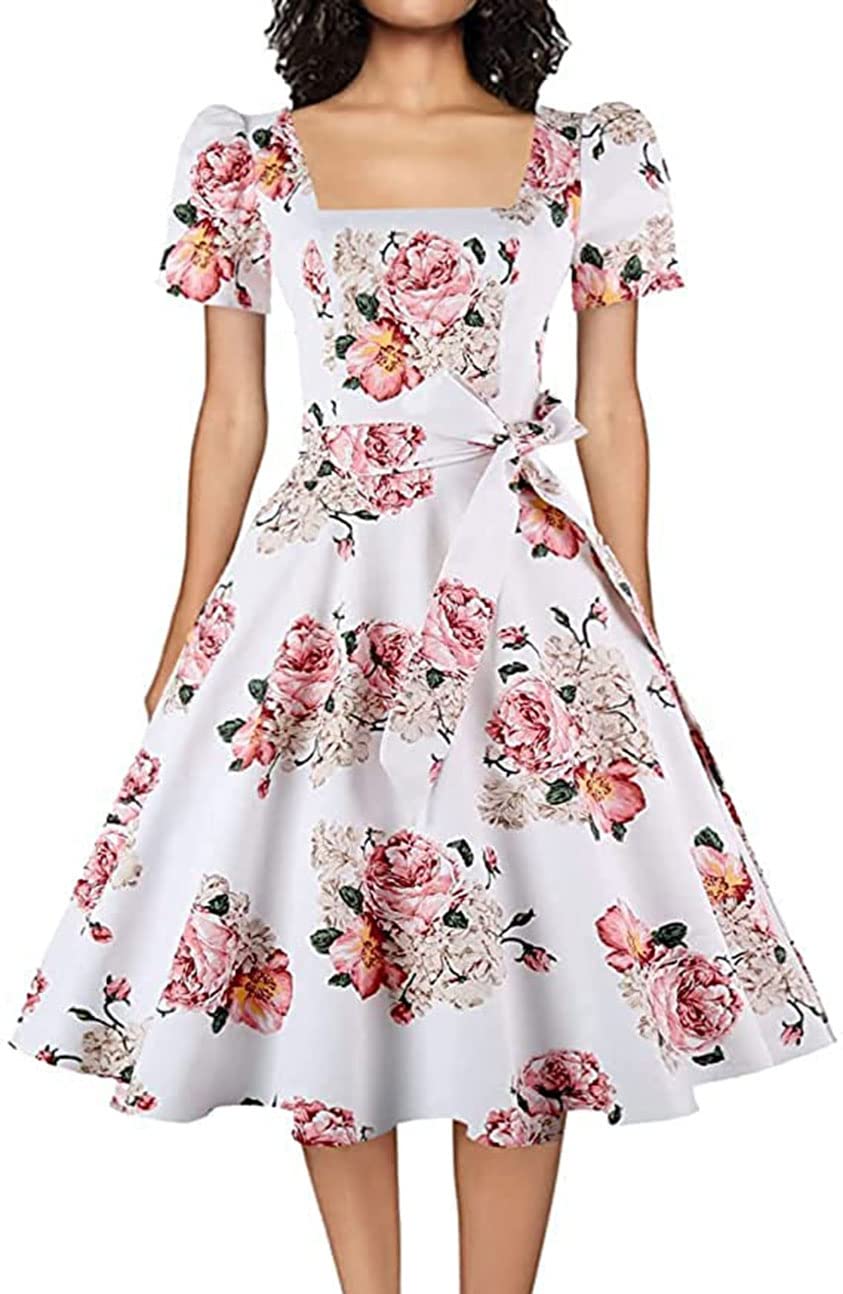 OBBUE Women's Square Neck Dress Vintage 1950s Cocktail Party Dress with Puff Sleeves