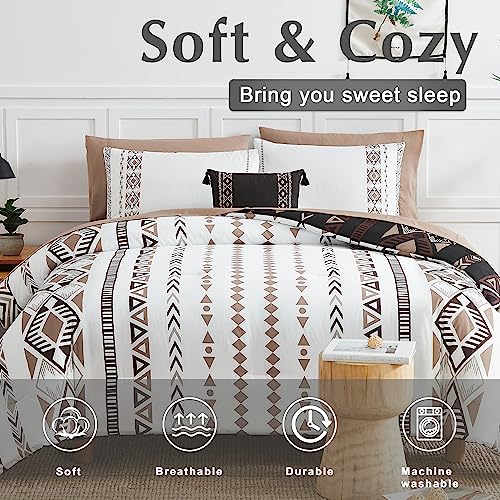 Geniospin Oversized Queen Comforter Set - 7 Pieces Reversible Bedding Set, Boho Bed in A Bag, Lightweight Soft Aztec Bedding, All Season Bed Comforter Set with Sheets, Pillowcases & Shams