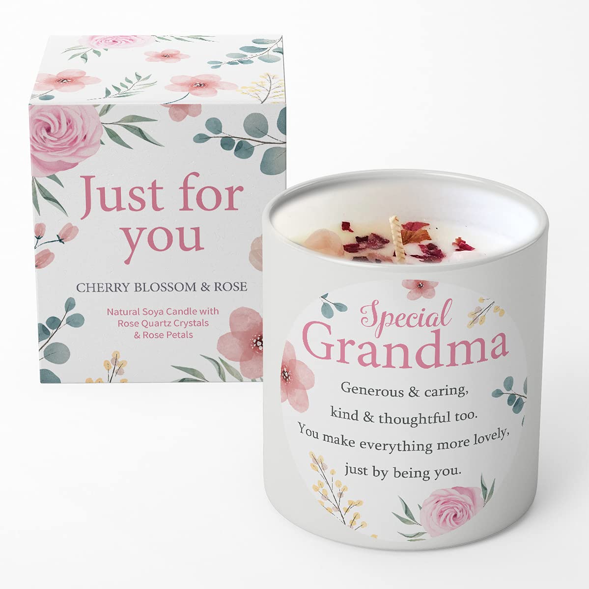 Grandma Candle That Makes a Thoughtful Gifts for Grandma - Ideal Mother’s Day Christmas and Special Grandma BirthdaySoya Candle with Rose Quartz and Rose Petals